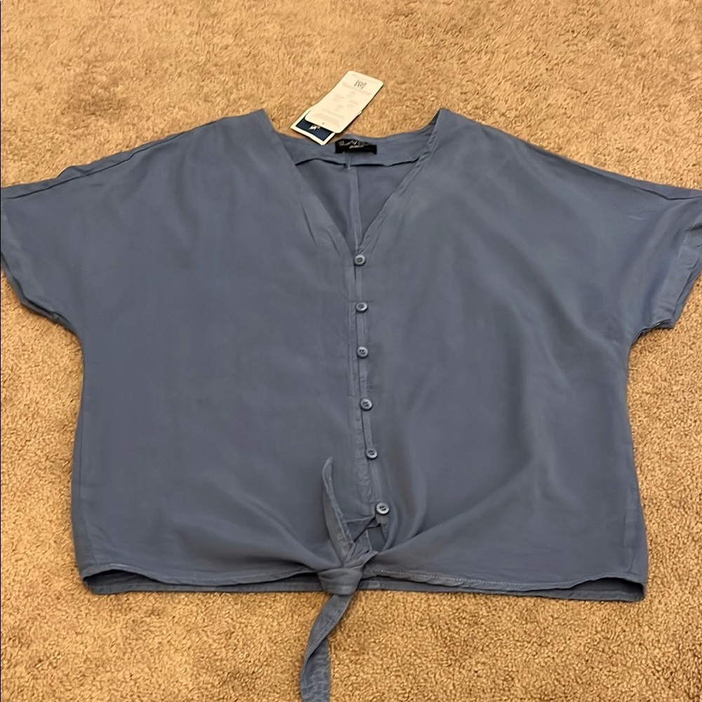 Blue short sleeve Button-Up Blouse tie bottom